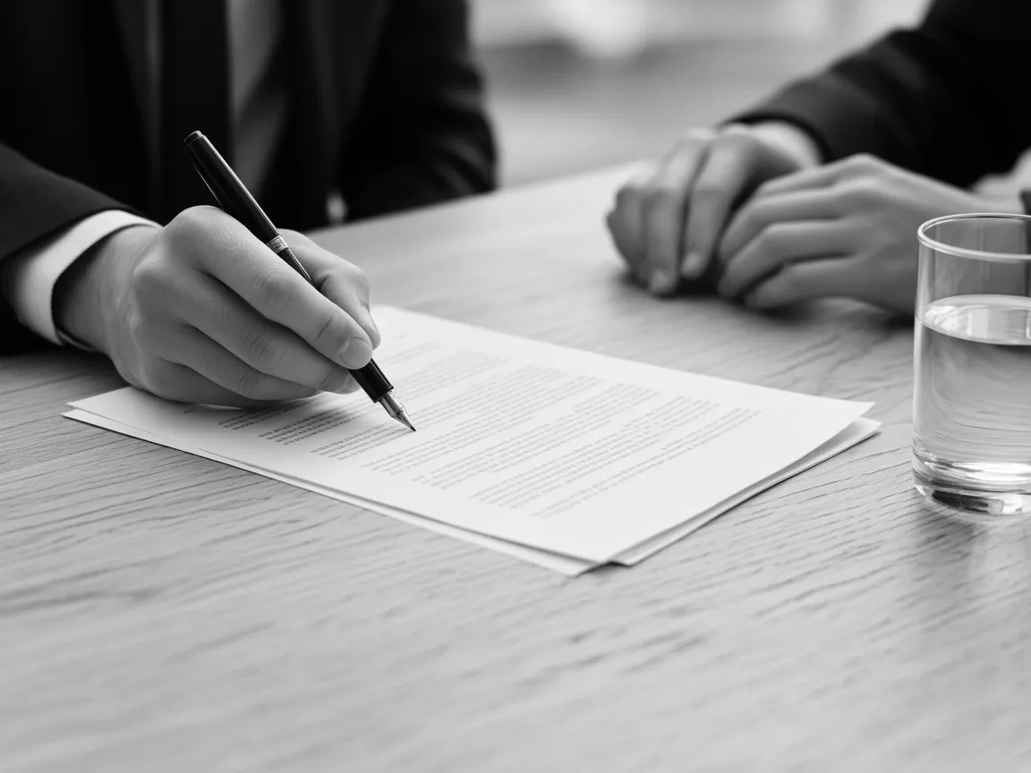 A lawyer reviewing a document with a client at a meeting table